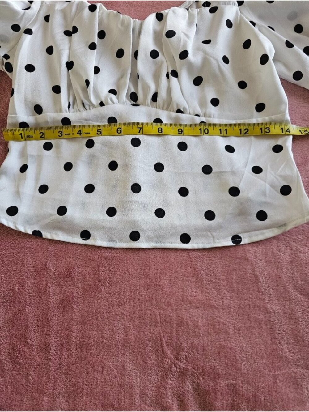 Size S Polka Dot Puff Sleeve Square Neck Blouse - White/Black. - Picture 7 of 10